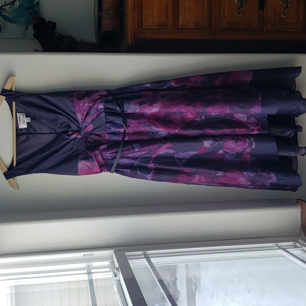 Neiman Marcus Lela Rose High Low Purple Flower Watercolor Dress Leather Belt